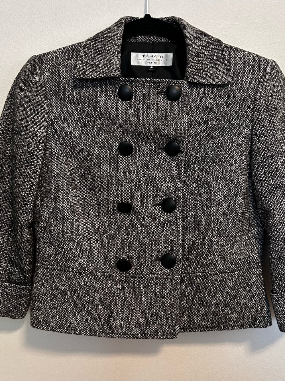 Tahari Black and White Tweed Double-Breasted Pea Coat
